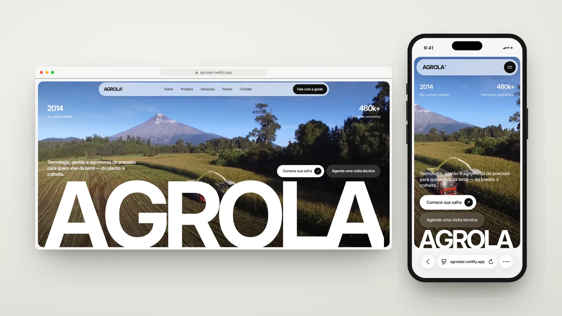 Agrola — hero em desktop e mobile com o wordmark AGROLA sobre a imagem do campo