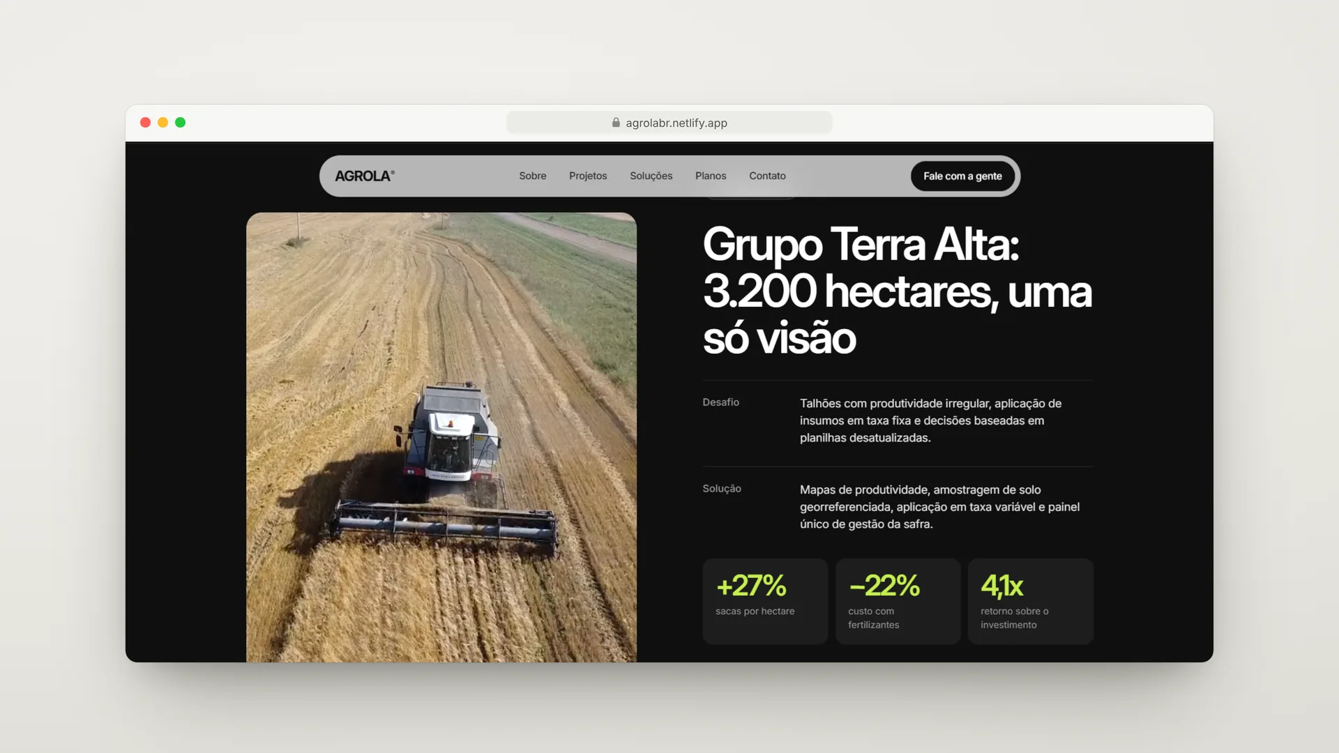 Agrola — seção escura do caso Grupo Terra Alta com desafio, solução e resultados em verde-limão