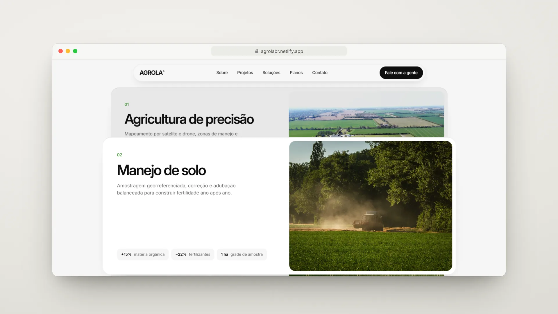 Agrola — cards de serviços empilhados no desktop: Agricultura de precisão e Manejo de solo