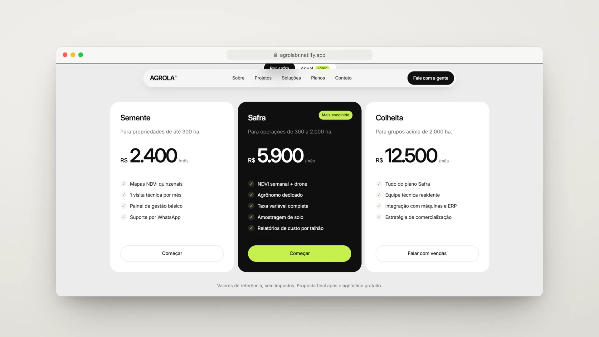 Agrola — planos Semente, Safra e Colheita no desktop, com o plano Safra em destaque como mais escolhido