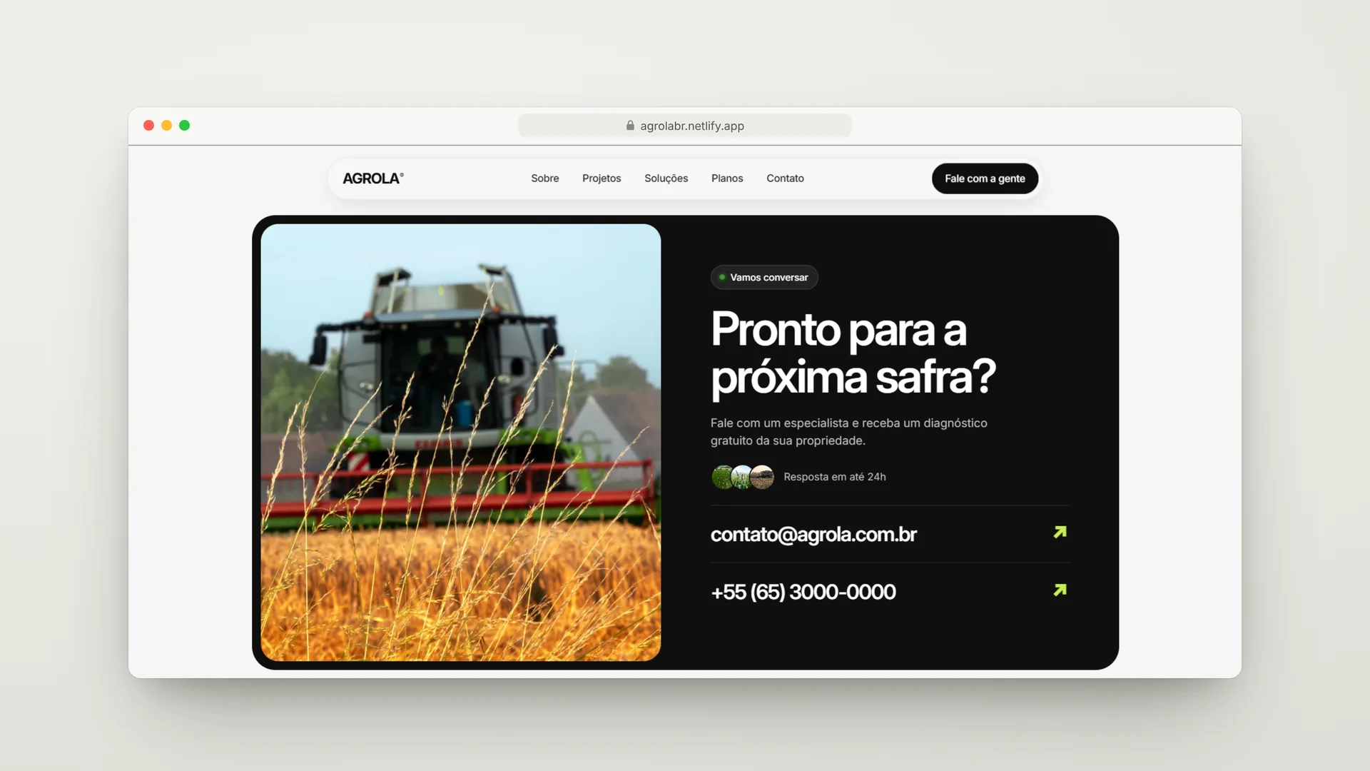 Agrola — seção de contato “Pronto para a próxima safra?” com e-mail e telefone clicáveis