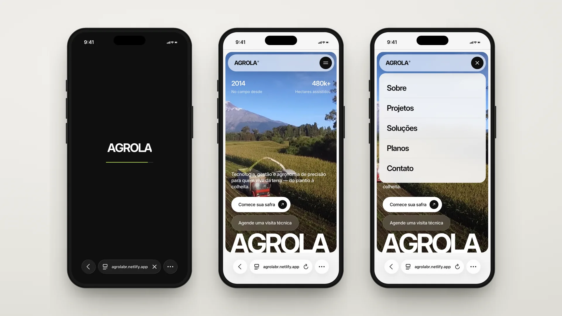 Agrola — preloader, hero e menu aberto no mobile