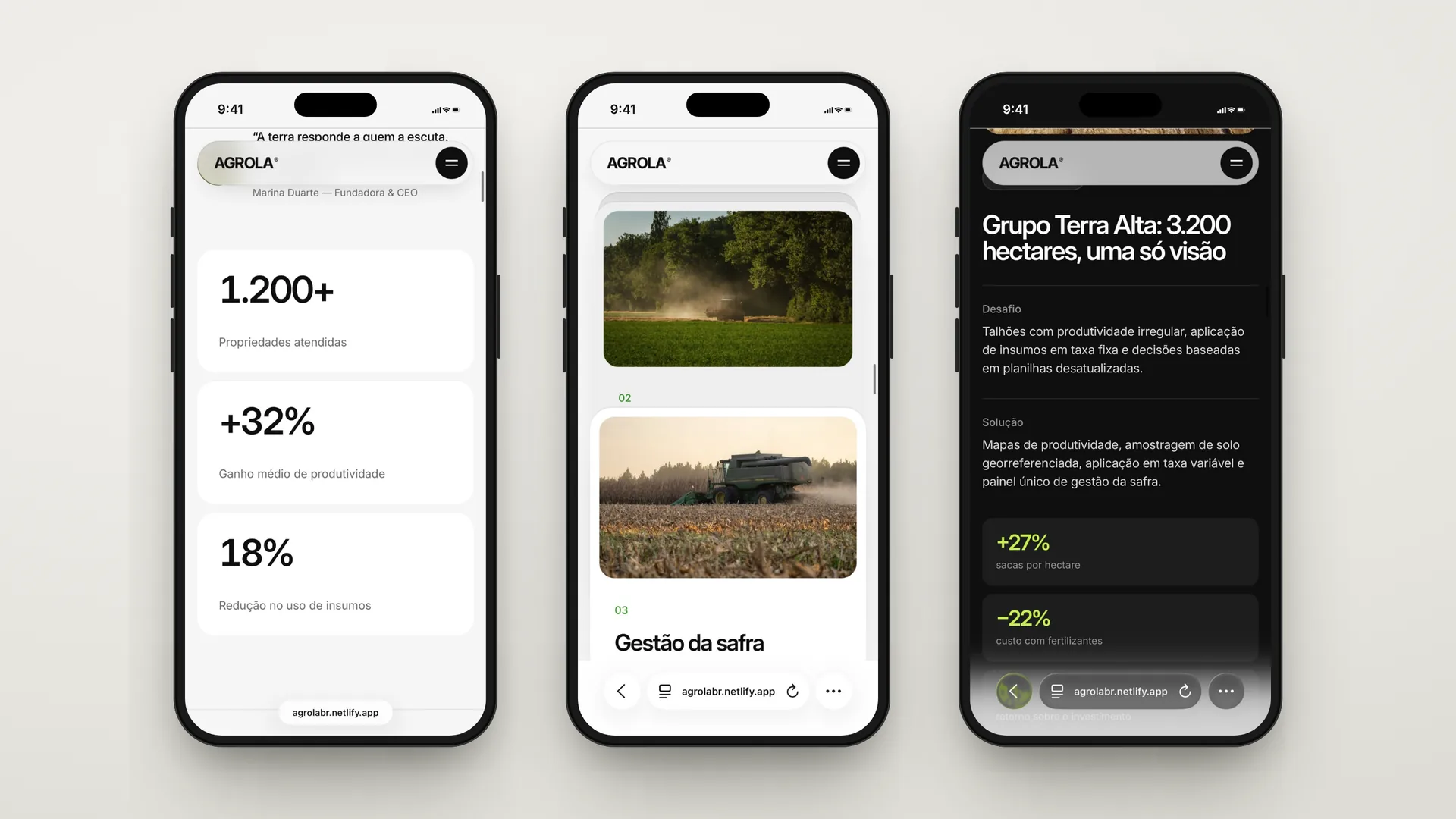 Agrola — seção Sobre no mobile com indicadores de propriedades atendidas, produtividade e redução de insumos