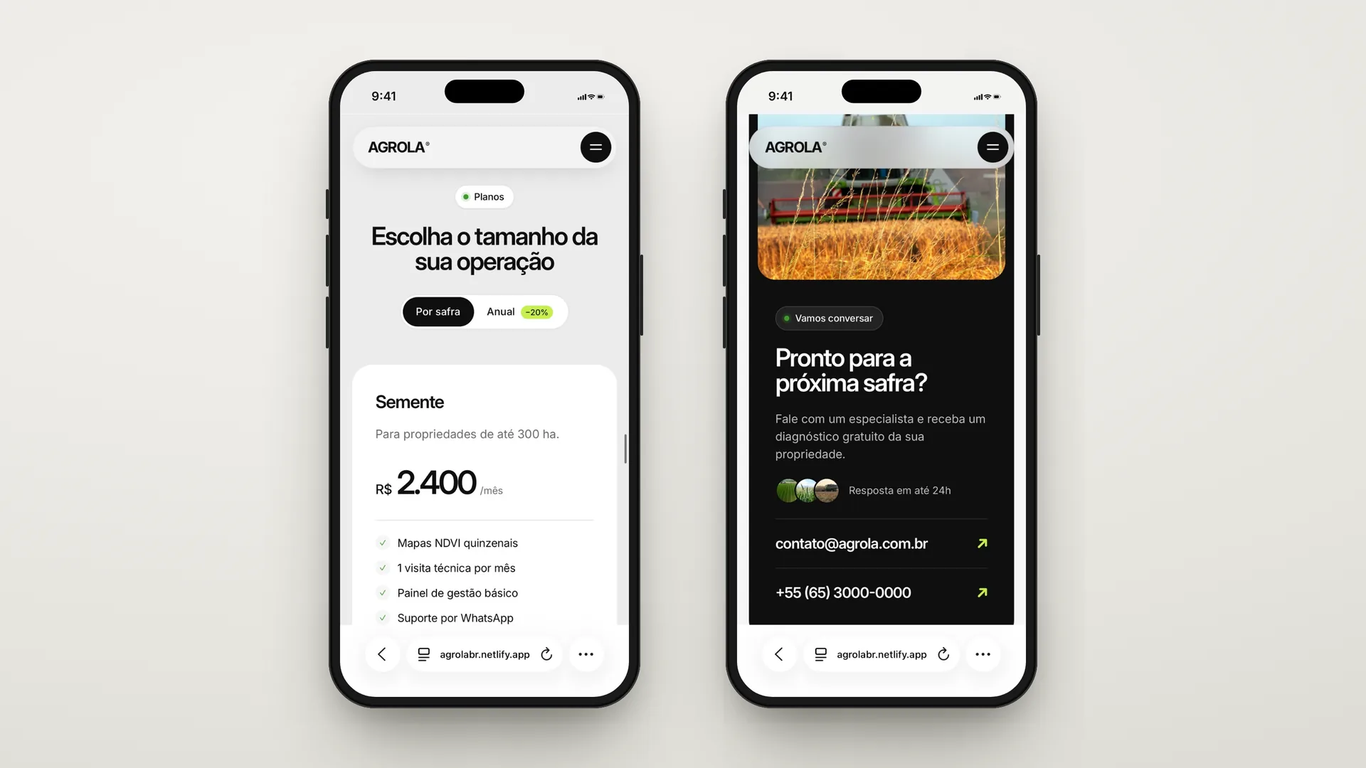 Agrola — planos e contato no mobile em coluna única