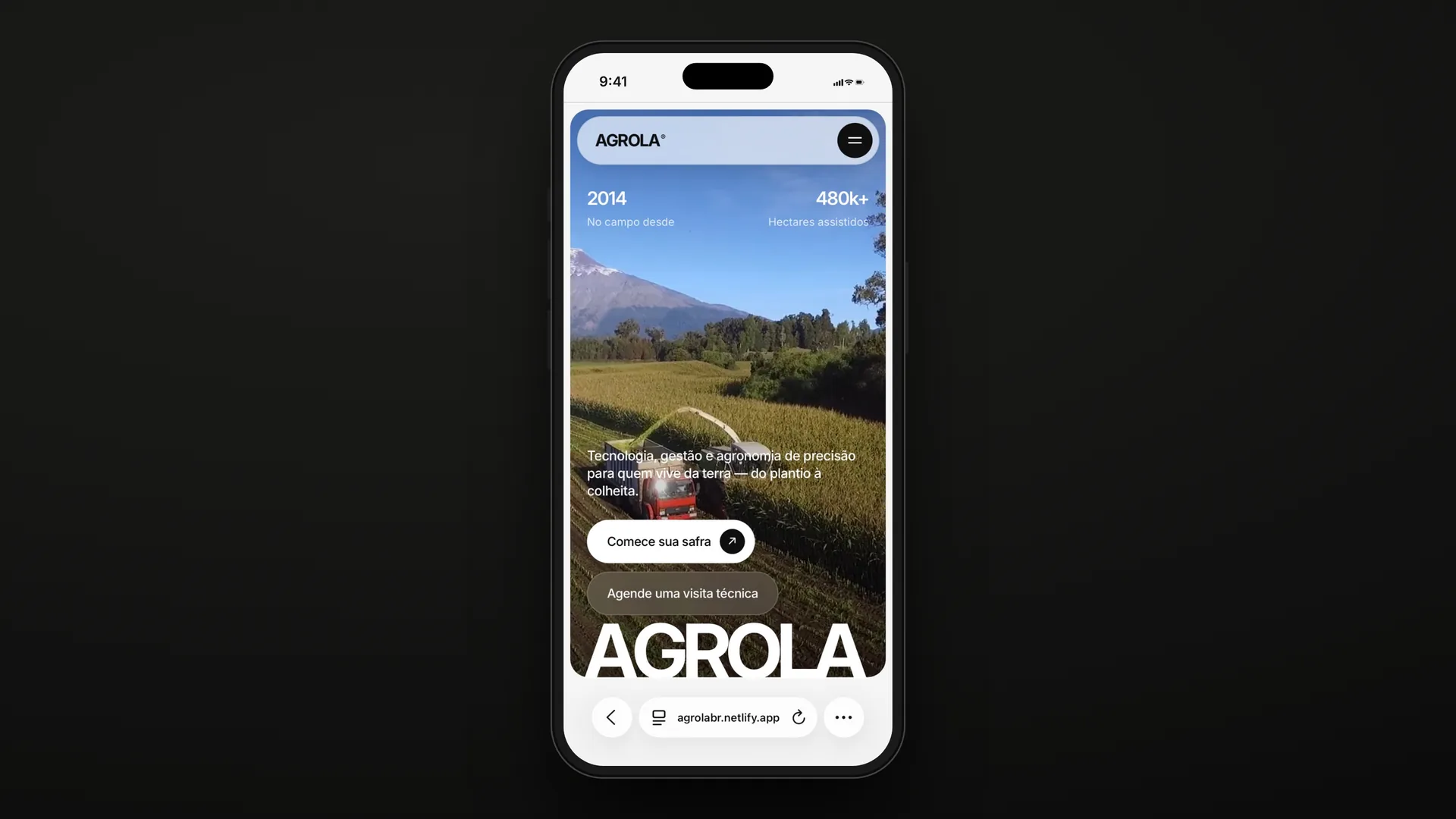 Agrola — hero mobile com header em cápsula, indicadores e CTAs
