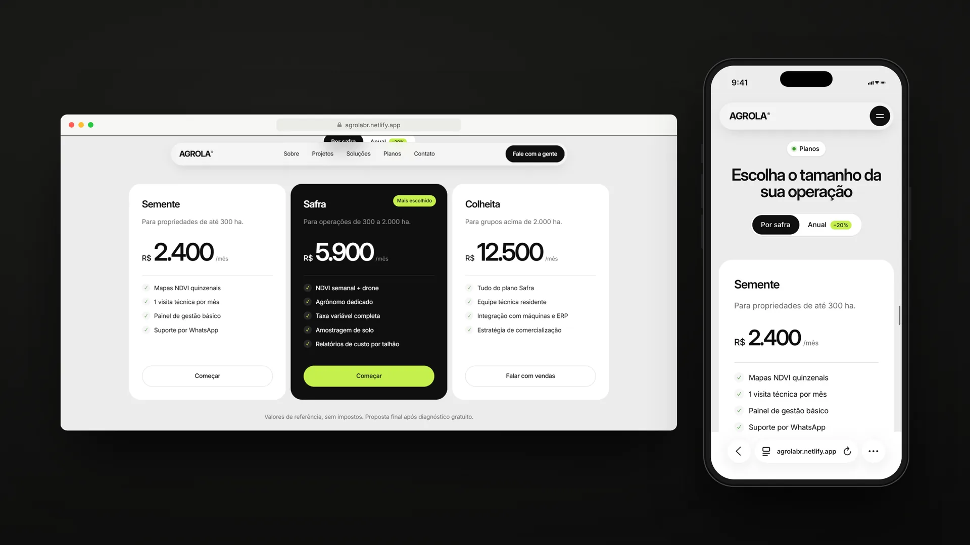 Agrola — planos no desktop e no mobile com o toggle Por safra / Anual e selo de −20%