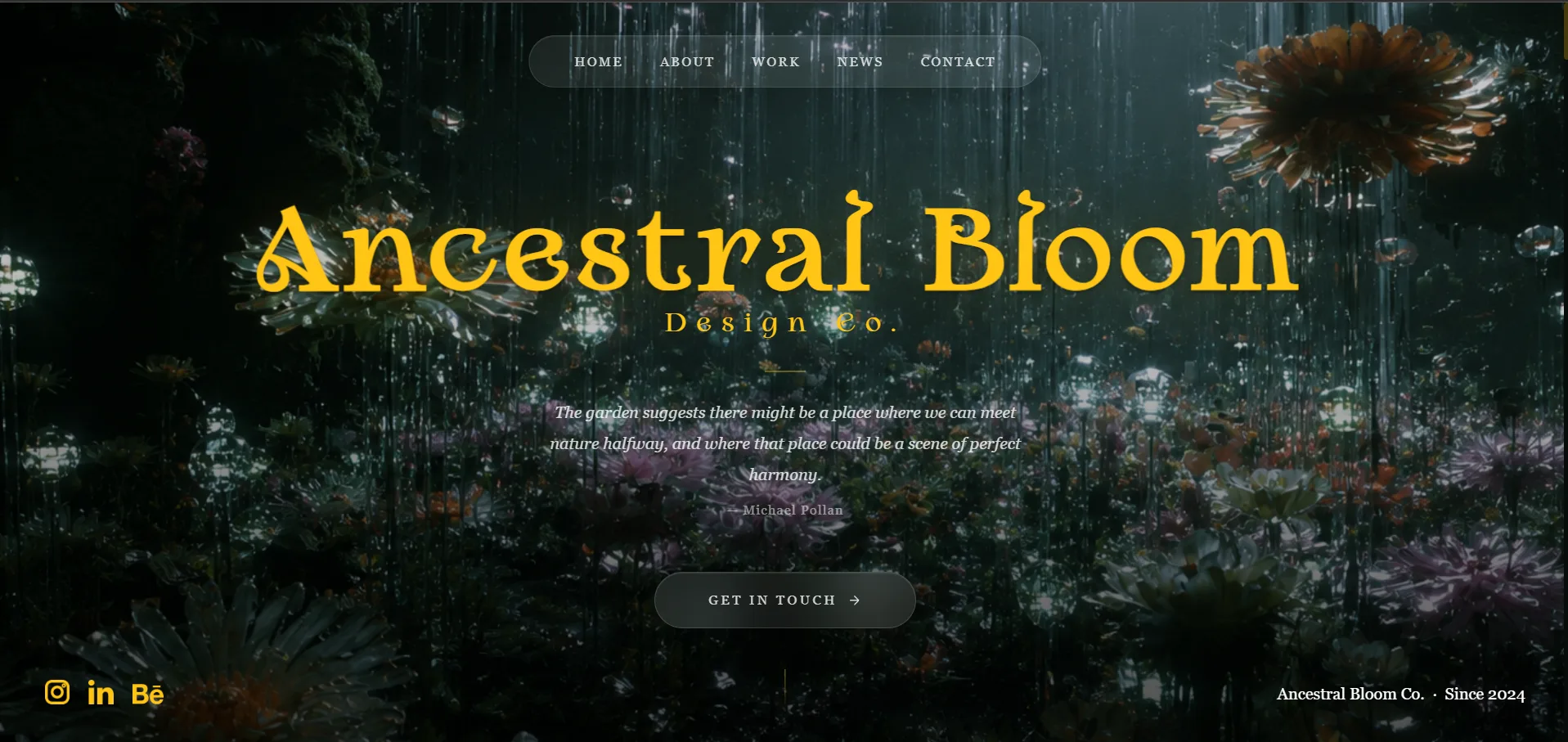 Ancestral Bloom — hero da home em desktop, com logotipo âmbar sobre jardim noturno