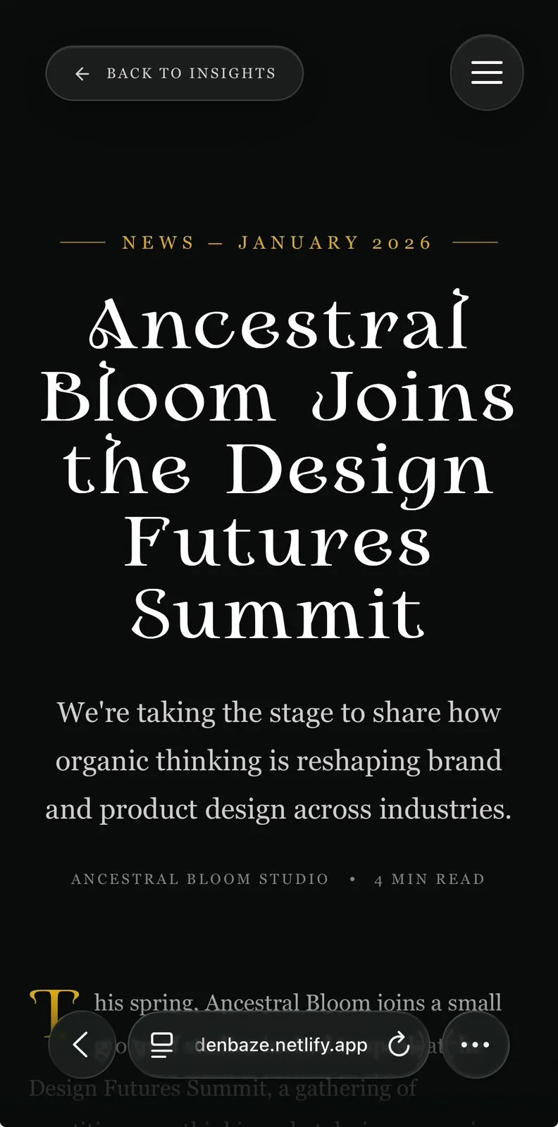 Ancestral Bloom — página de artigo no mobile