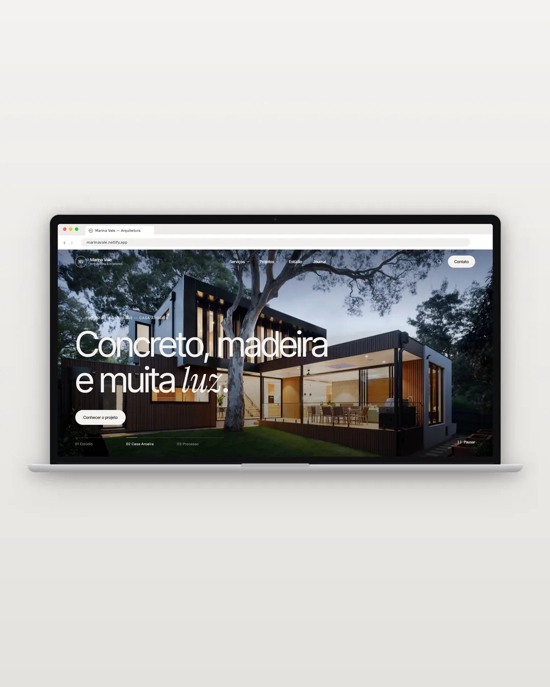Marina Vale — hero desktop com o projeto em destaque Casa Aroeira