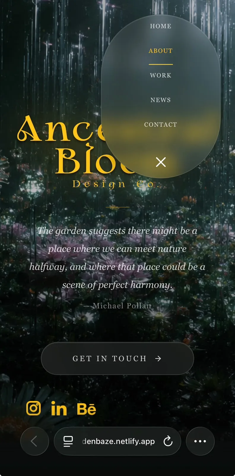 Ancestral Bloom — menu mobile em forma orgânica